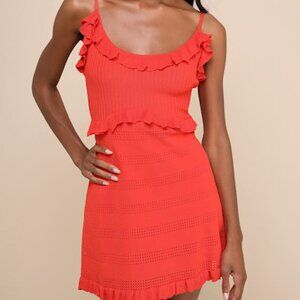 Lulus Enviable Pick Red Orange Pointelle Knit Ruffled Mini Dress - Size M